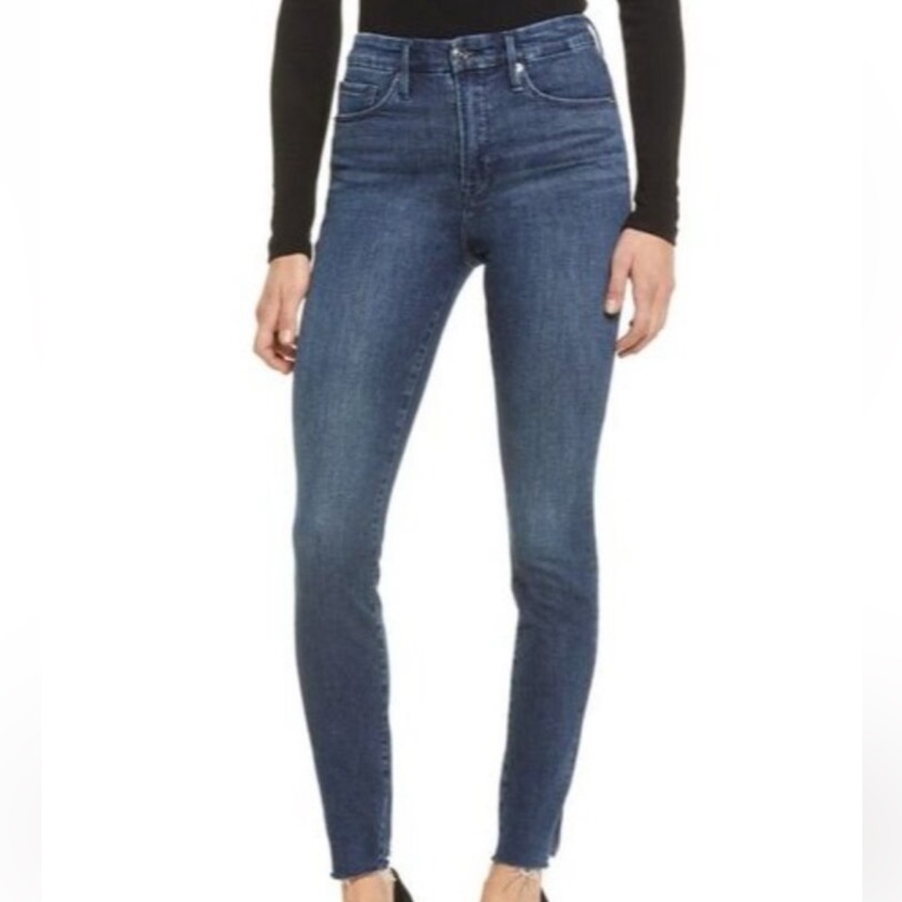 GOOD AMERICAN Good Legs Blue653 Skinny Raw Hem Dark Wash Blue Jeans Womens 27